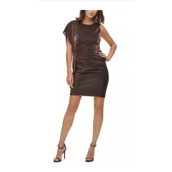 Women's Copper Cocktail Dress Size‎ 2 Shimmering Asymmetrical Sleeve Dress - Picture 8 of 10